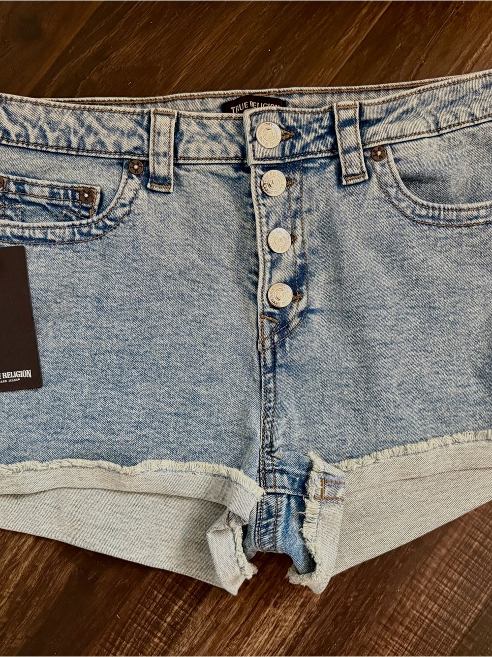 True Religion Light Blue Denim Cutoff Shorts with Button Fly